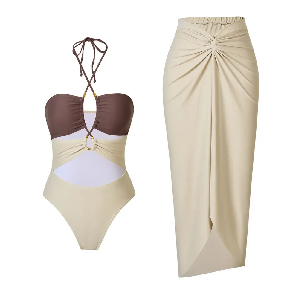 2025 Push Up Swimwear Gold Beaded Flowers Halter One Piece Swimsuit and Skirt Bodysuit Bathing Suit Bikini Set
